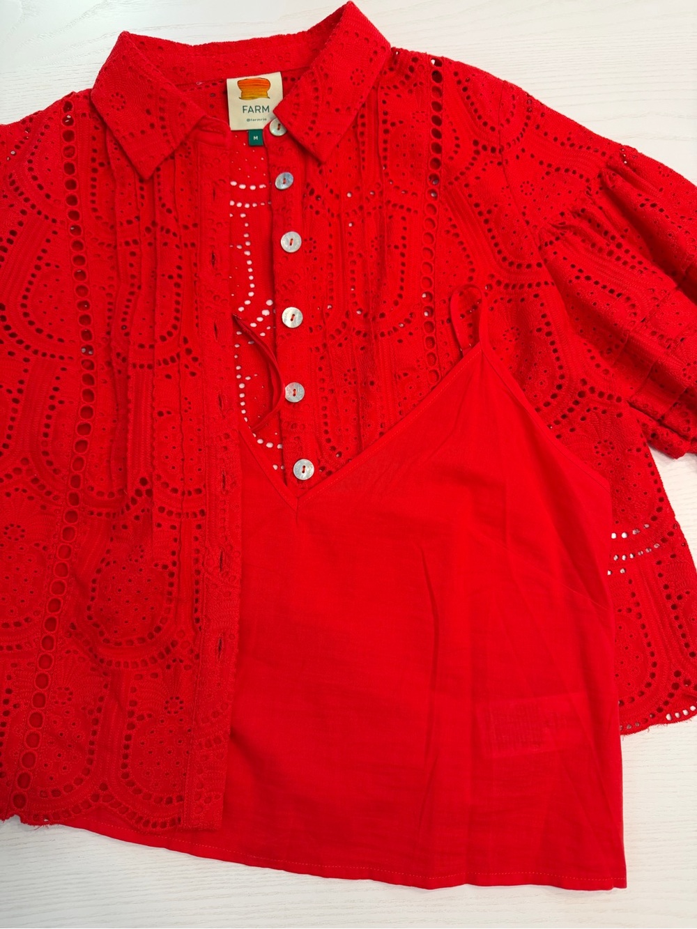 FARM Rio Red Eyelet Button-Front Puff Sleeve Blouse with Matching Red Camisole - Picture 8 of 9